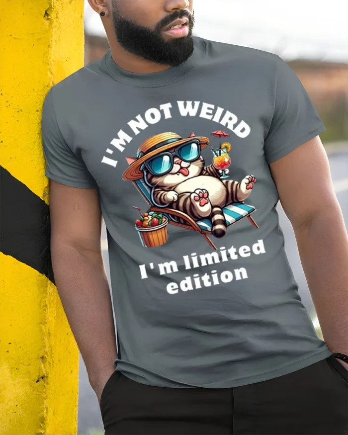 Funny Cat Not Weird Limited Edition T-shirt - model in grey shirt leaning against column
