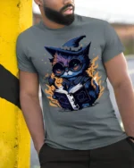 Mystical Wizard Cat Magic Book Graphic T-shirt - model in grey shirt leaning against column
