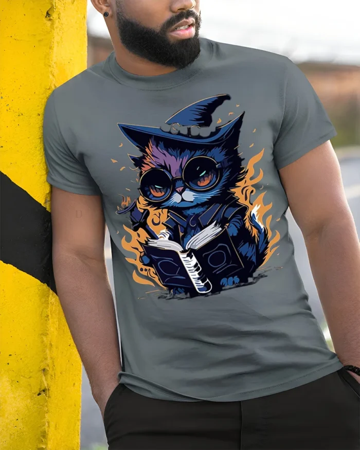 Mystical Wizard Cat Magic Book Graphic T-shirt - model in grey shirt leaning against column