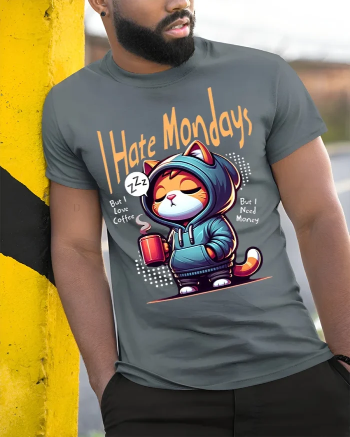 I Hate Mondays Funny Cat Coffee Graphic T-shirt - model in grey shirt leaning against column