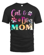 Colorful Cat and Dog Mom Paw Print Graphic T-shirt - black t-shirt on white background