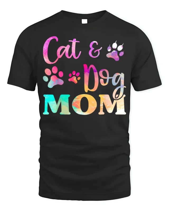 Colorful Cat and Dog Mom Paw Print Graphic T-shirt - black t-shirt on white background