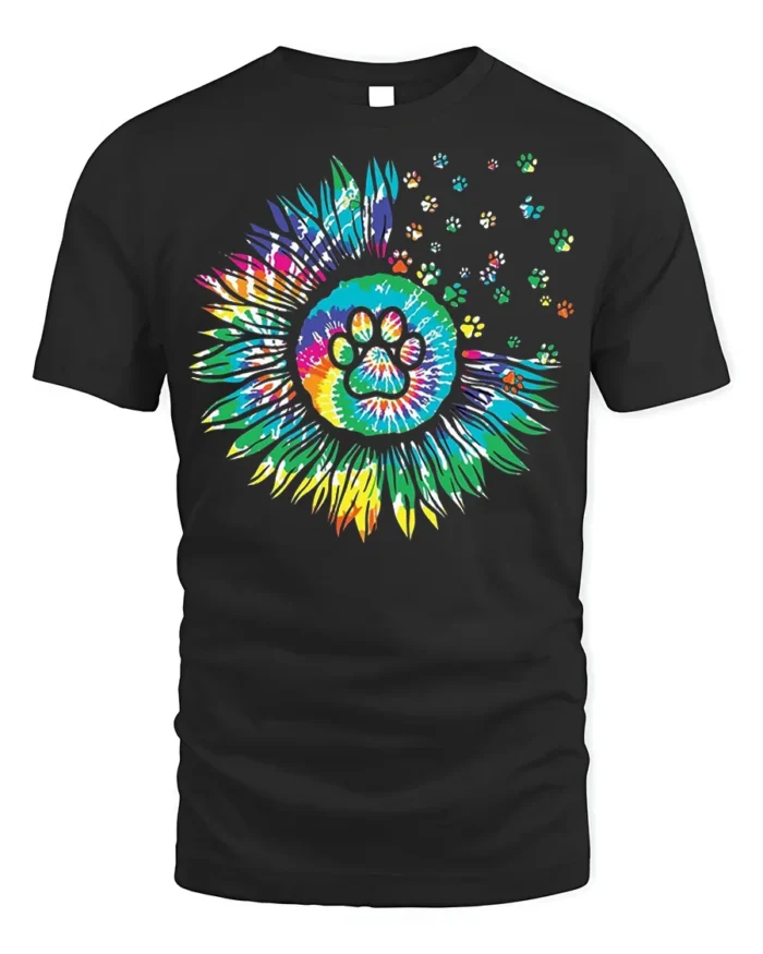 Colorful Paw Print Sunflower Pet Lover T-shirt - black t-shirt on white background