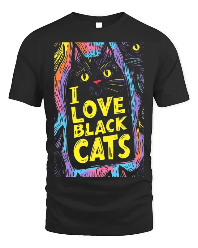 I Love Black Cats Colorful Halloween T-shirt - black t-shirt on white background