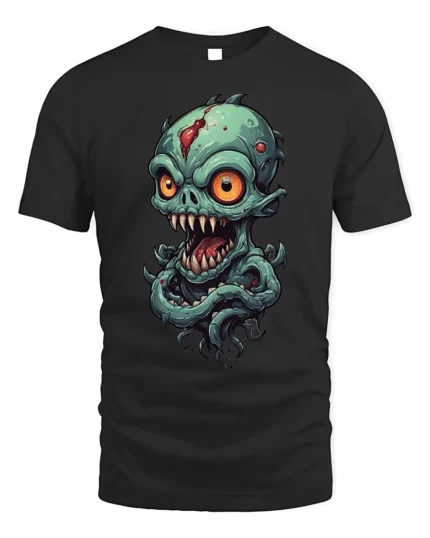 Creepy Alien Monster Big Eyes Horror T-shirt - black t-shirt on white background
