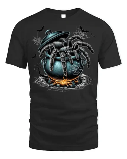 Creepy Spider Cauldron Halloween Horror T-shirt - black t-shirt on white background