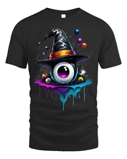 Witch Hat Eyeball Halloween Dripping Graphic T-shirt - black t-shirt on white background