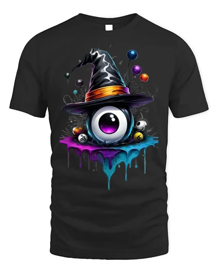 Witch Hat Eyeball Halloween Dripping Graphic T-shirt - black t-shirt on white background