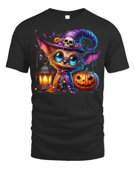 Cute Witch Cat Pumpkin Halloween Lantern T-shirt - black t-shirt on white background