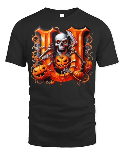 Skeleton Pumpkins Halloween Scary Night T-shirt - black t-shirt on white background