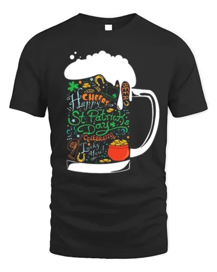 St. Patrick’s Day Beer Mug Cheers Graphic T-shirt - black t-shirt on white background