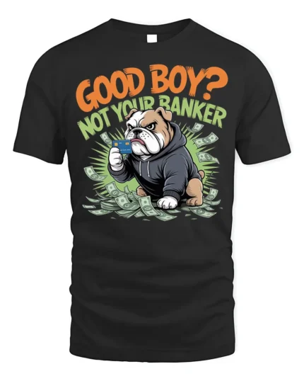 Funny Bulldog Good Boy Not Banker Graphic T-shirt - black t-shirt on white background