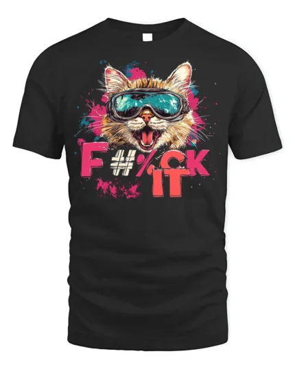 Funny Cat F#%k It Attitude Cool Graphic T-shirt - black t-shirt on white background