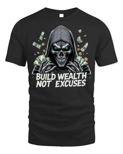 Build Wealth Not Excuses Grim Reaper T-shirt - black t-shirt on white background