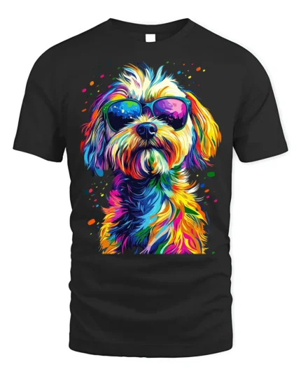 Colorful Cool Dog Sunglasses Pop Art T-shirt - black t-shirt on white background