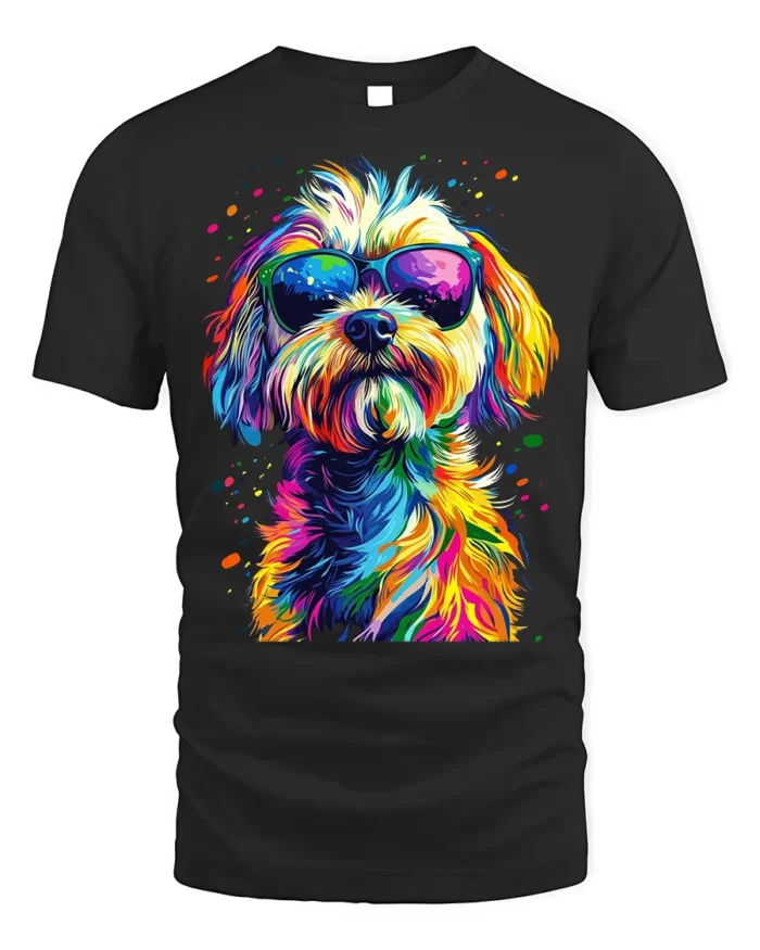 Colorful Cool Dog Sunglasses Pop Art T-shirt - black t-shirt on white background