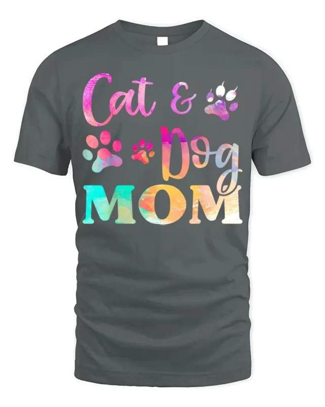 Colorful Cat and Dog Mom Paw Print Graphic T-shirt - gray t-shirt on white background