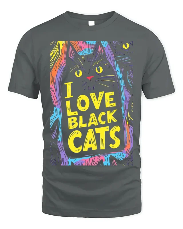 I Love Black Cats Colorful Halloween T-shirt - gray t-shirt on white background