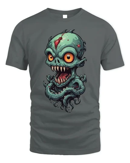 Creepy Alien Monster Big Eyes Horror T-shirt - gray t-shirt on white background