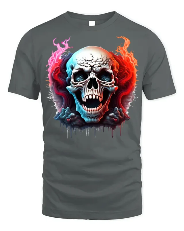 Fiery Skull Horror Flames Dark Graphic T-shirt - gray t-shirt on white background
