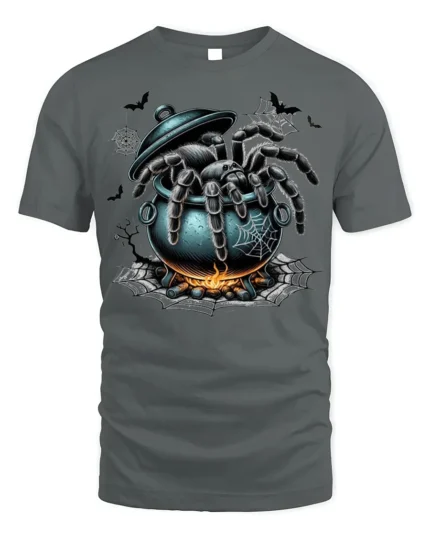 Creepy Spider Cauldron Halloween Horror T-shirt - gray t-shirt on white background