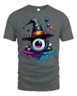 Witch Hat Eyeball Halloween Dripping Graphic T-shirt - gray t-shirt on white background