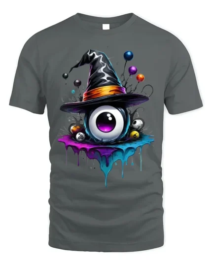 Witch Hat Eyeball Halloween Dripping Graphic T-shirt - gray t-shirt on white background