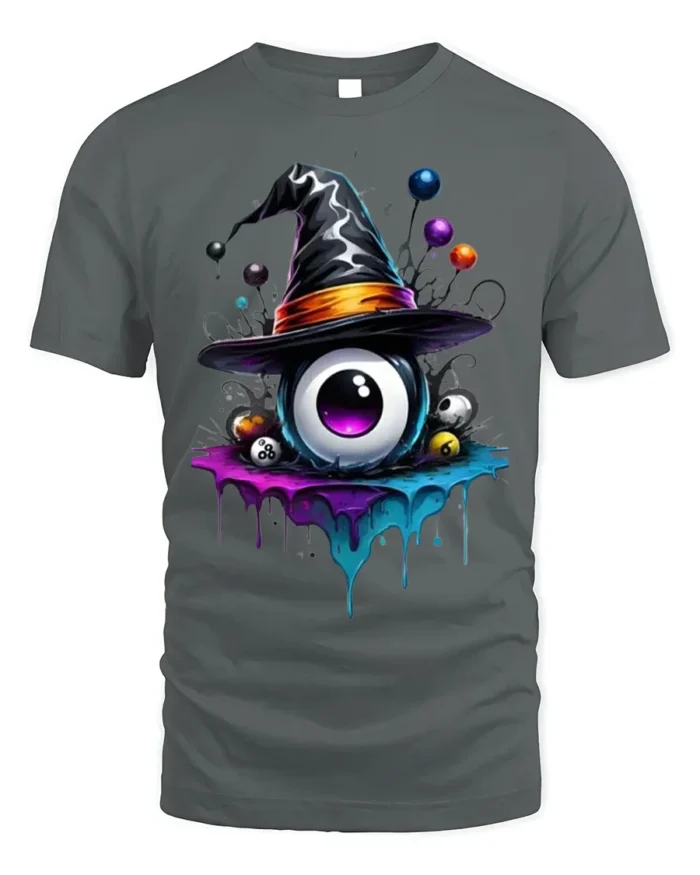 Witch Hat Eyeball Halloween Dripping Graphic T-shirt - gray t-shirt on white background