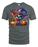 Cute Witch Cat Pumpkin Halloween Lantern T-shirt - gray t-shirt on white background