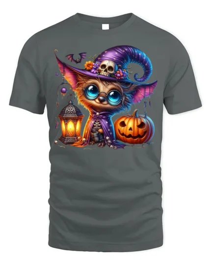 Cute Witch Cat Pumpkin Halloween Lantern T-shirt - gray t-shirt on white background