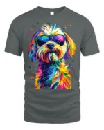 Colorful Cool Dog Sunglasses Pop Art T-shirt - gray t-shirt on white background