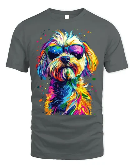 Colorful Cool Dog Sunglasses Pop Art T-shirt - gray t-shirt on white background