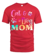 Colorful Cat and Dog Mom Paw Print Graphic T-shirt - red t-shirt on white background