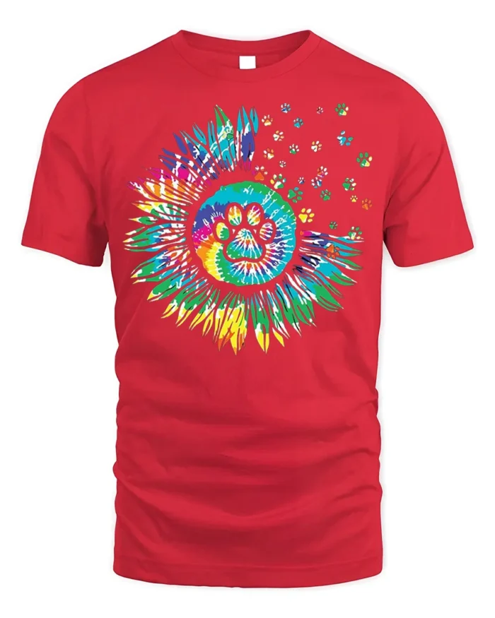 Colorful Paw Print Sunflower Pet Lover T-shirt - red t-shirt on white background