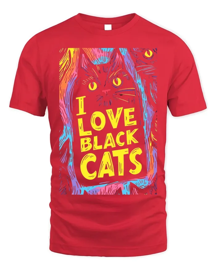 I Love Black Cats Colorful Halloween T-shirt - red t-shirt on white background