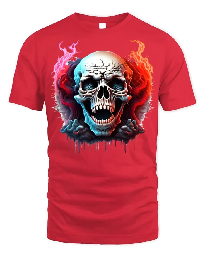 Fiery Skull Horror Flames Dark Graphic T-shirt - red t-shirt on white background