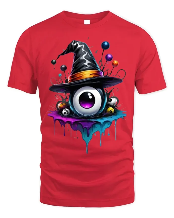 Witch Hat Eyeball Halloween Dripping Graphic T-shirt - red t-shirt on white background