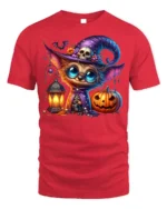Cute Witch Cat Pumpkin Halloween Lantern T-shirt - red t-shirt on white background