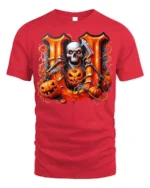 Skeleton Pumpkins Halloween Scary Night T-shirt - red t-shirt on white background