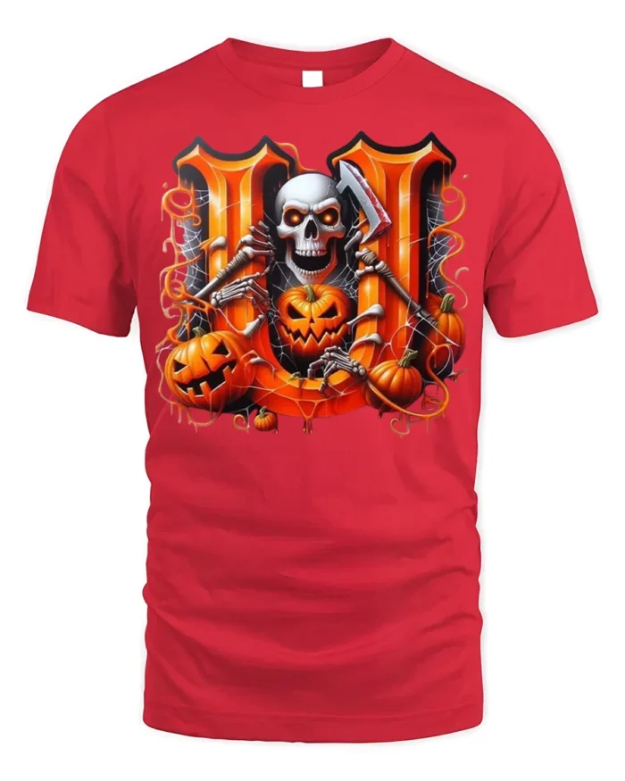 Skeleton Pumpkins Halloween Scary Night T-shirt - red t-shirt on white background
