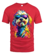 Colorful Cool Dog Sunglasses Pop Art T-shirt - red t-shirt on white background
