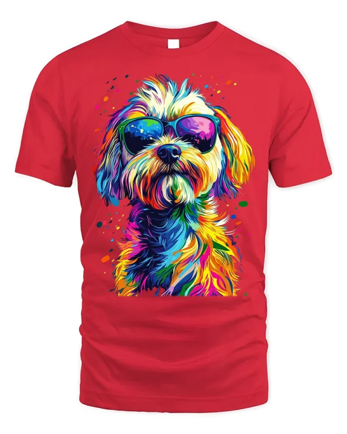Colorful Cool Dog Sunglasses Pop Art T-shirt - red t-shirt on white background