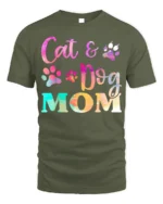 Colorful Cat and Dog Mom Paw Print Graphic T-shirt - military green t-shirt on white background