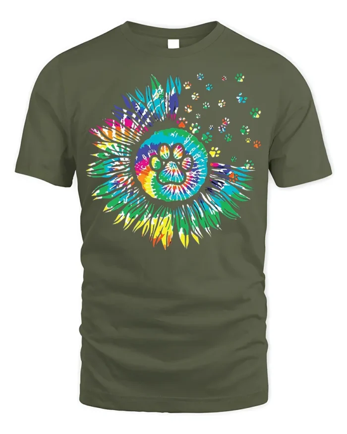 Colorful Paw Print Sunflower Pet Lover T-shirt - military green t-shirt on white background