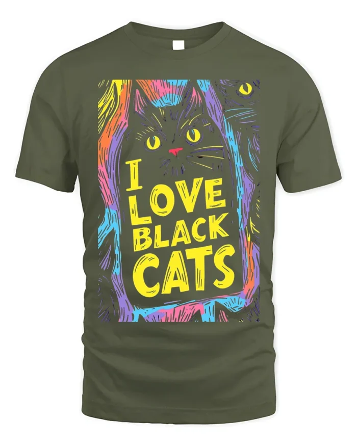 I Love Black Cats Colorful Halloween T-shirt - military green t-shirt on white background