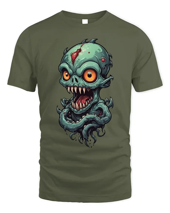 Creepy Alien Monster Big Eyes Horror T-shirt - military green t-shirt on white background