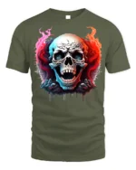 Fiery Skull Horror Flames Dark Graphic T-shirt - military green t-shirt on white background
