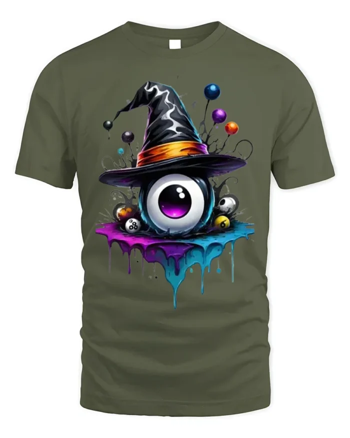 Witch Hat Eyeball Halloween Dripping Graphic T-shirt - military green t-shirt on white background