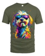 Colorful Cool Dog Sunglasses Pop Art T-shirt - military green t-shirt on white background