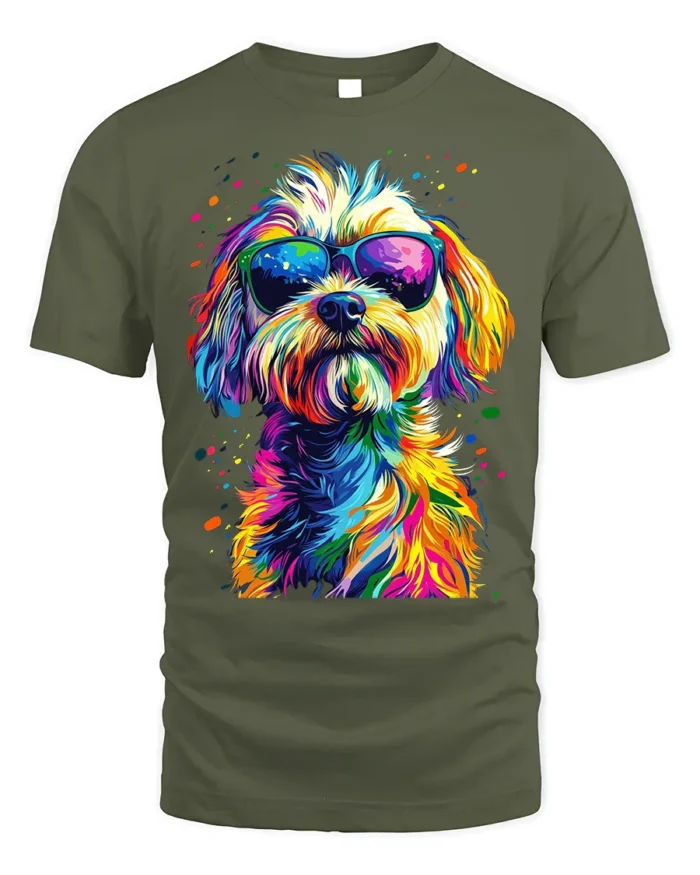 Colorful Cool Dog Sunglasses Pop Art T-shirt - military green t-shirt on white background